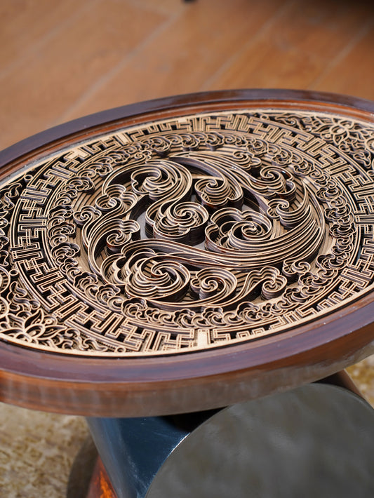 Cylindrical Teakwood Coffee Table Totem Round — 3D Radial Layered Furniture — Modern Symbolic Artisan Wood Centerpiece - velvet & grain