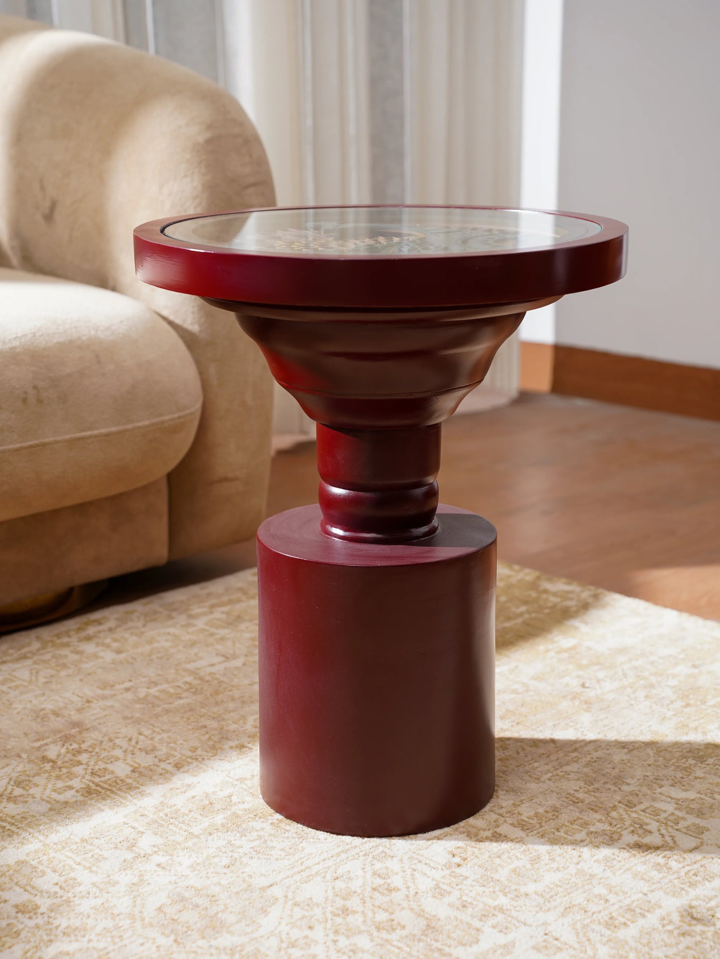 Artisan Crimson Teakwood Coffee Table — 3D Sculptural Crest Layered Furniture — Bold Modernist Designer Statement Piece - velvet & grain