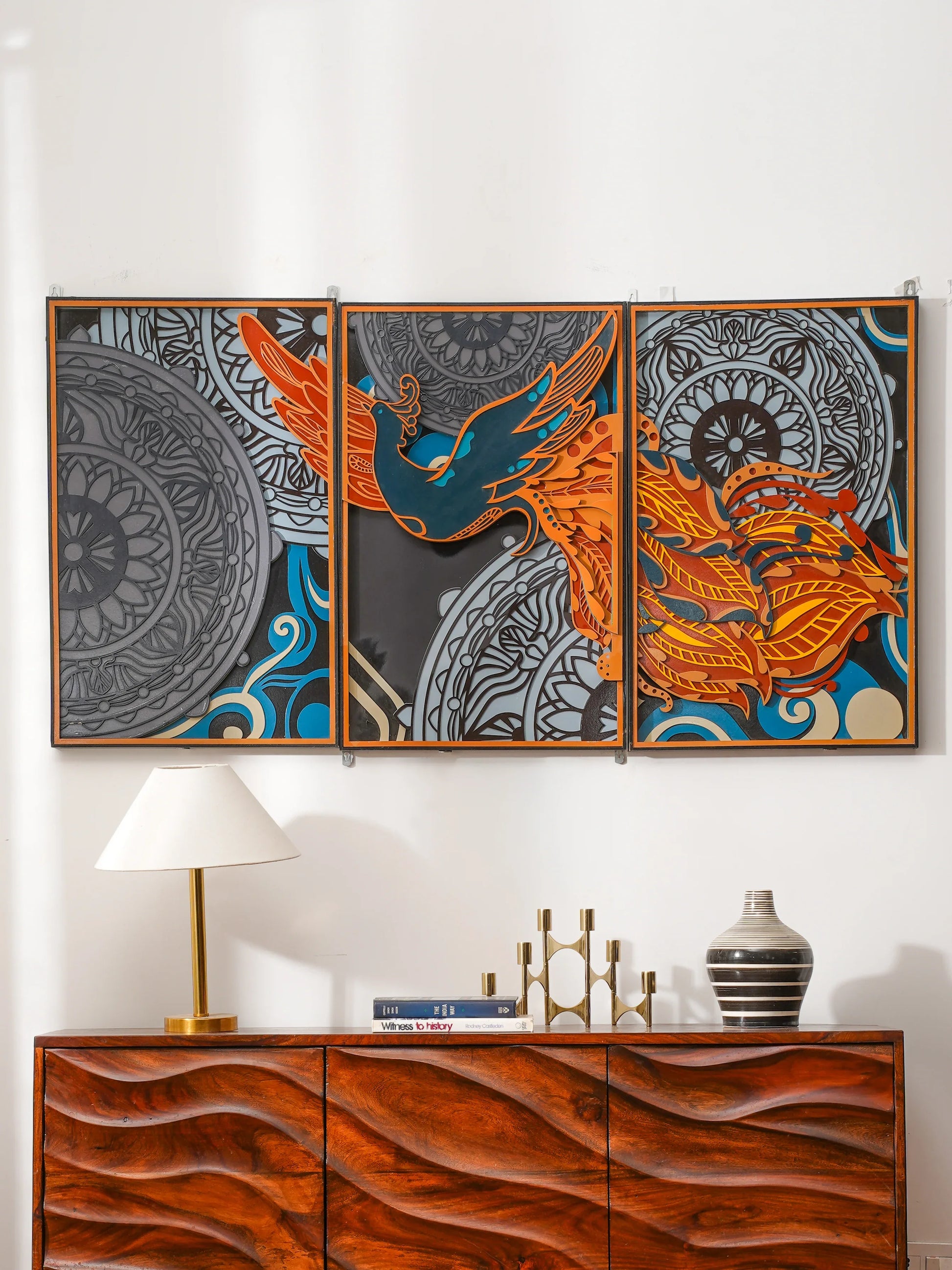 Luxury Modern Wall Art Golden Phoenix Triptych - 3 Piece 3D Wood Wall Decor - Large Multilayered Gold Art - velvet & grain