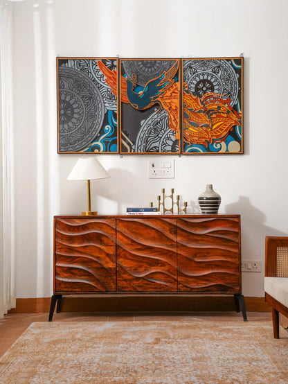 Luxury Modern Wall Art Golden Phoenix Triptych - 3 Piece 3D Wood Wall Decor - Large Multilayered Gold Art - velvet & grain