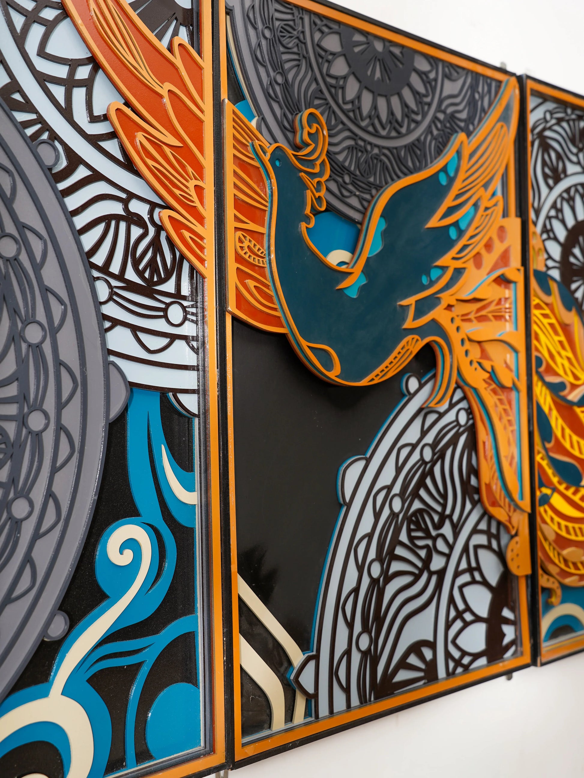 Luxury Modern Wall Art Golden Phoenix Triptych - 3 Piece 3D Wood Wall Decor - Large Multilayered Gold Art - velvet & grain