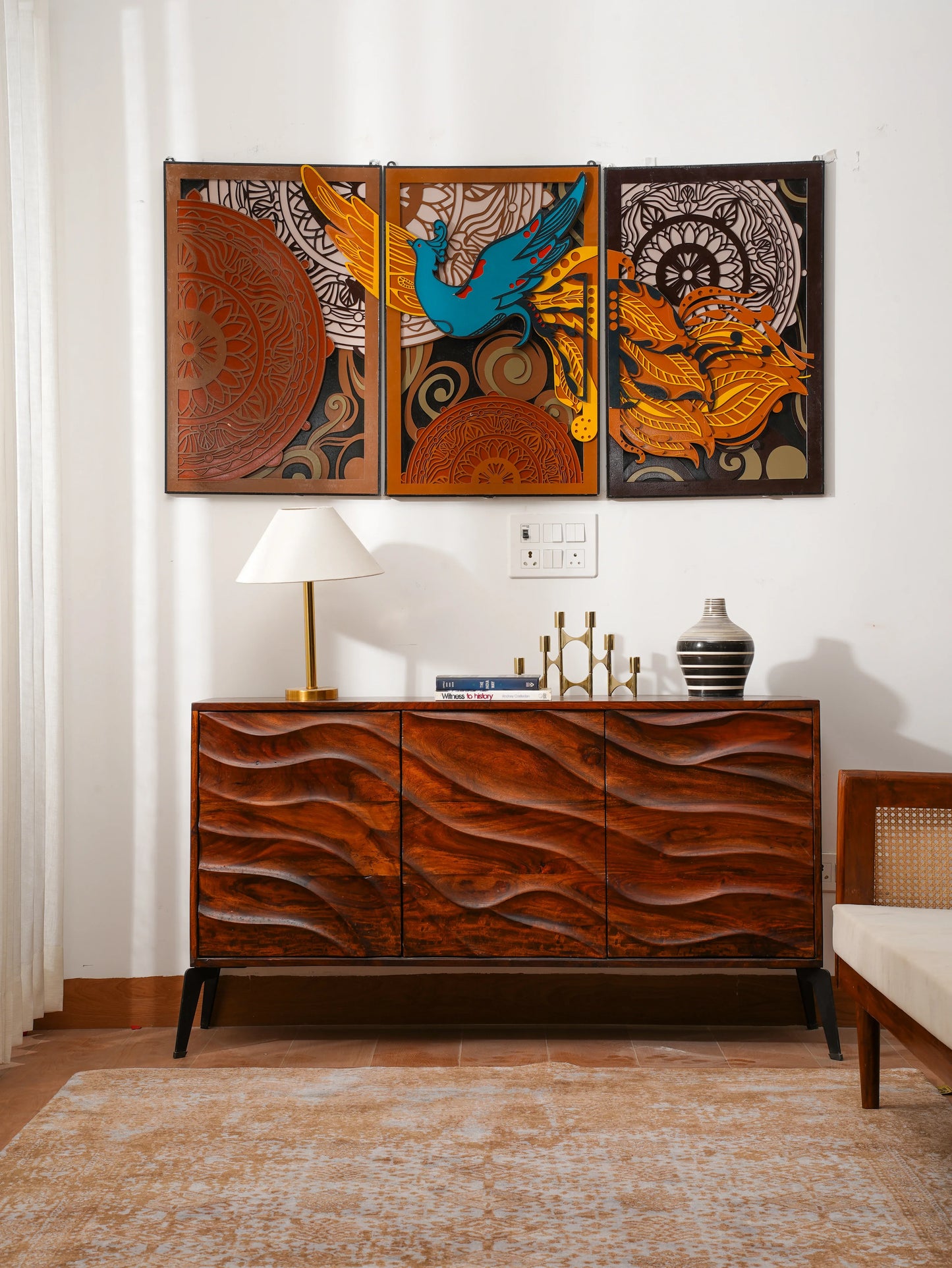 Luxury Modern Wall Art Golden Phoenix Triptych - 3 Piece 3D Wood Wall Decor - Large Multilayered Gold Art - velvet & grain