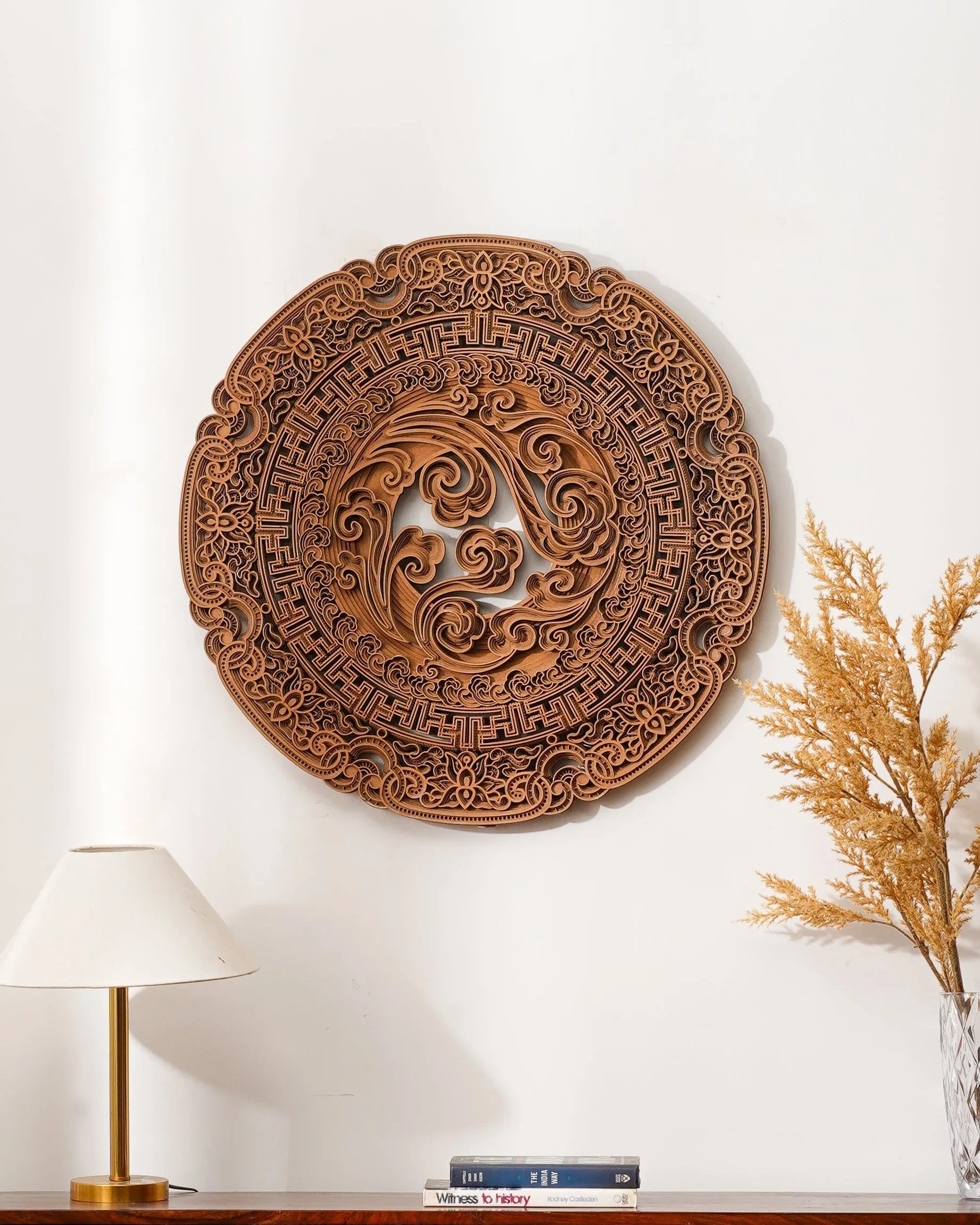 Teakwood Finish 3D Wall Decor Celestial Swirls — Minimalist Layered Lotus Art — Modern Laser Cut Wood Fretwork - velvet & grain