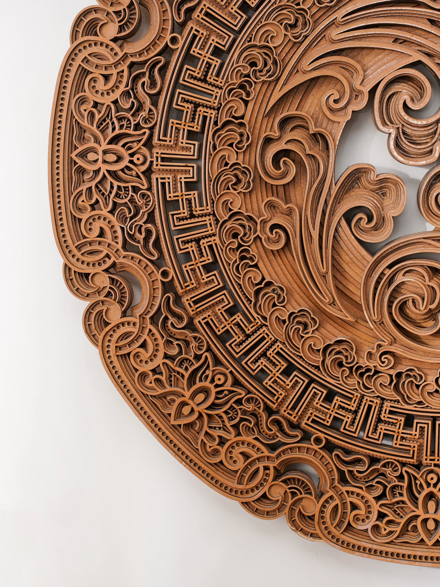 Teakwood Finish 3D Wall Decor Celestial Swirls — Minimalist Layered Lotus Art — Modern Laser Cut Wood Fretwork - velvet & grain