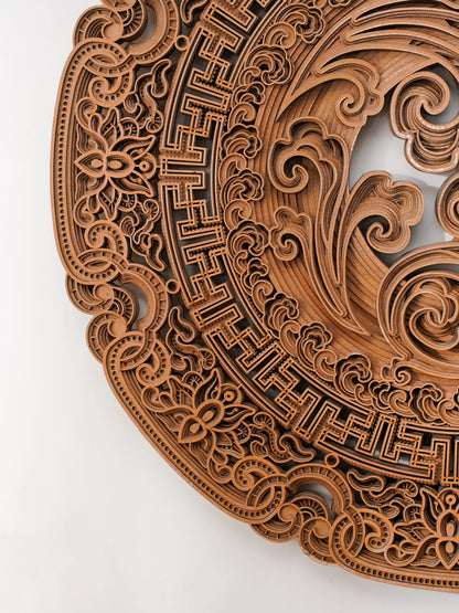 Teakwood Finish 3D Wall Decor Celestial Swirls — Minimalist Layered Lotus Art — Modern Laser Cut Wood Fretwork - velvet & grain