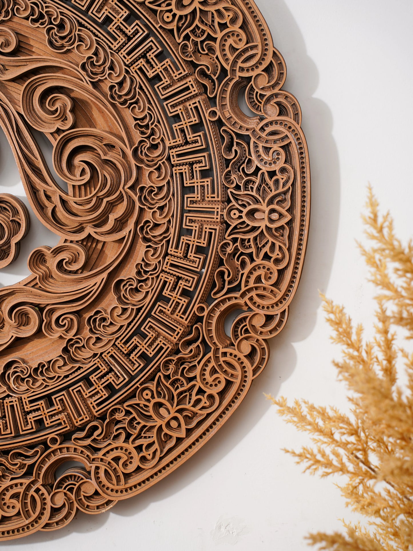 Teakwood Finish 3D Wall Decor Celestial Swirls — Minimalist Layered Lotus Art — Modern Laser Cut Wood Fretwork - velvet & grain