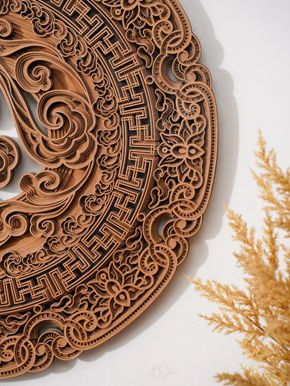 Teakwood Finish 3D Wall Decor Celestial Swirls — Minimalist Layered Lotus Art — Modern Laser Cut Wood Fretwork - velvet & grain