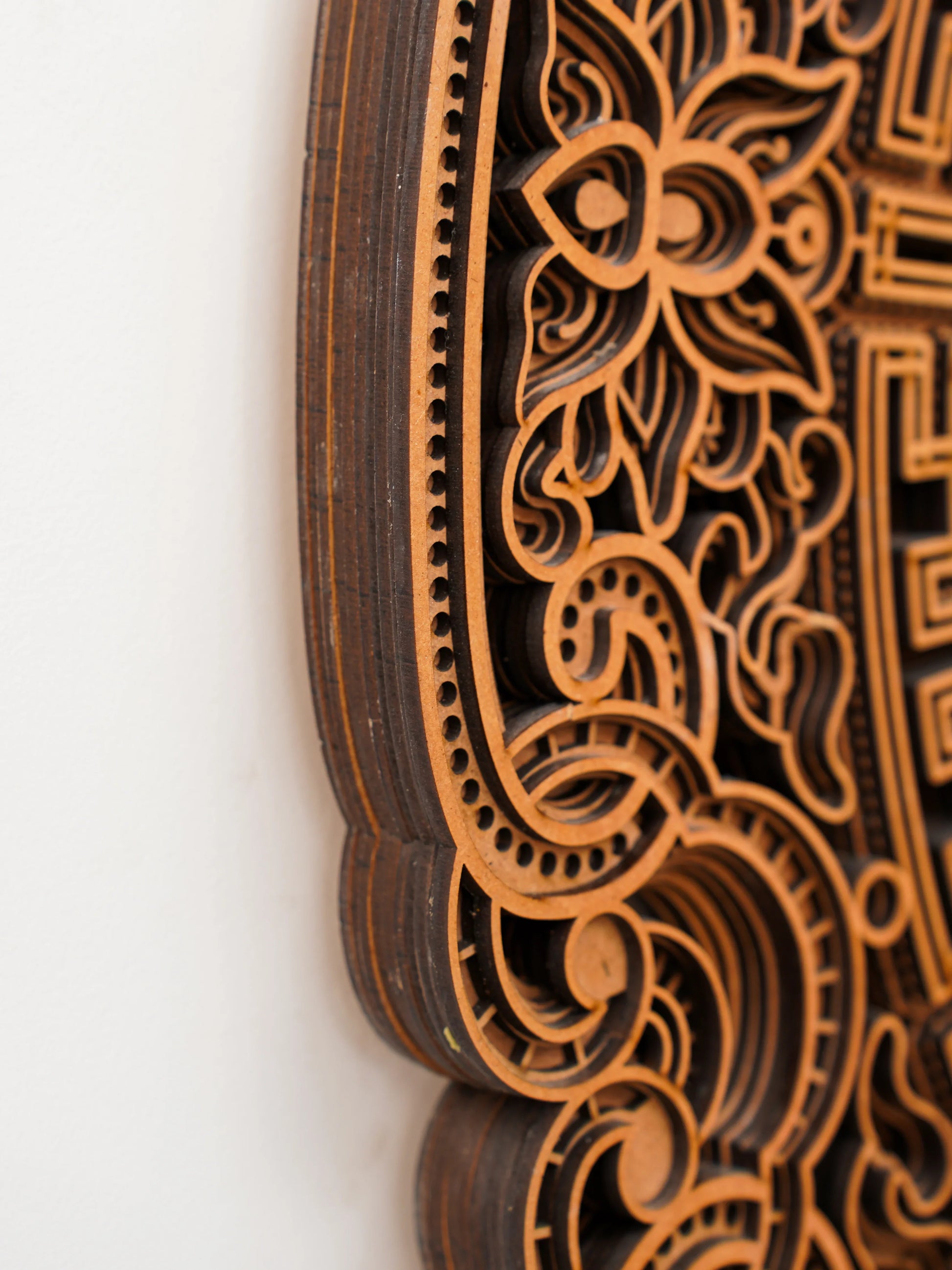 Teakwood Finish 3D Wall Decor Celestial Swirls — Minimalist Layered Lotus Art — Modern Laser Cut Wood Fretwork - velvet & grain