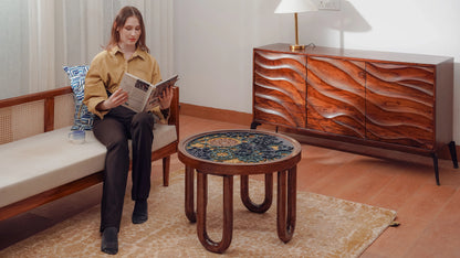 Infinite Teakwood Coffee Table Horizon Loop — 3D Contoured Layered Furniture — Modern Minimalist Low-Profile Artisan Piece - velvet & grain