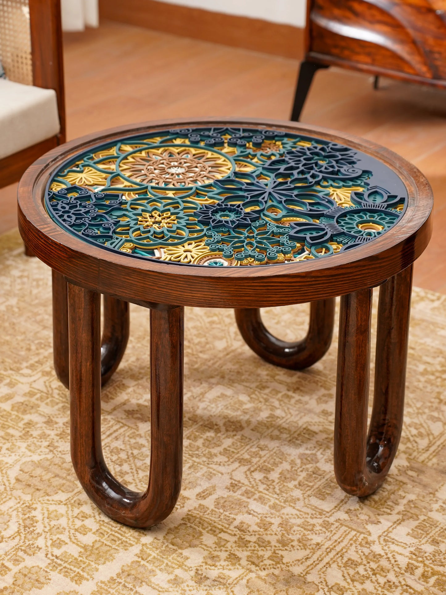 Infinite Teakwood Coffee Table Horizon Loop — 3D Contoured Layered Furniture — Modern Minimalist Low-Profile Artisan Piece - velvet & grain