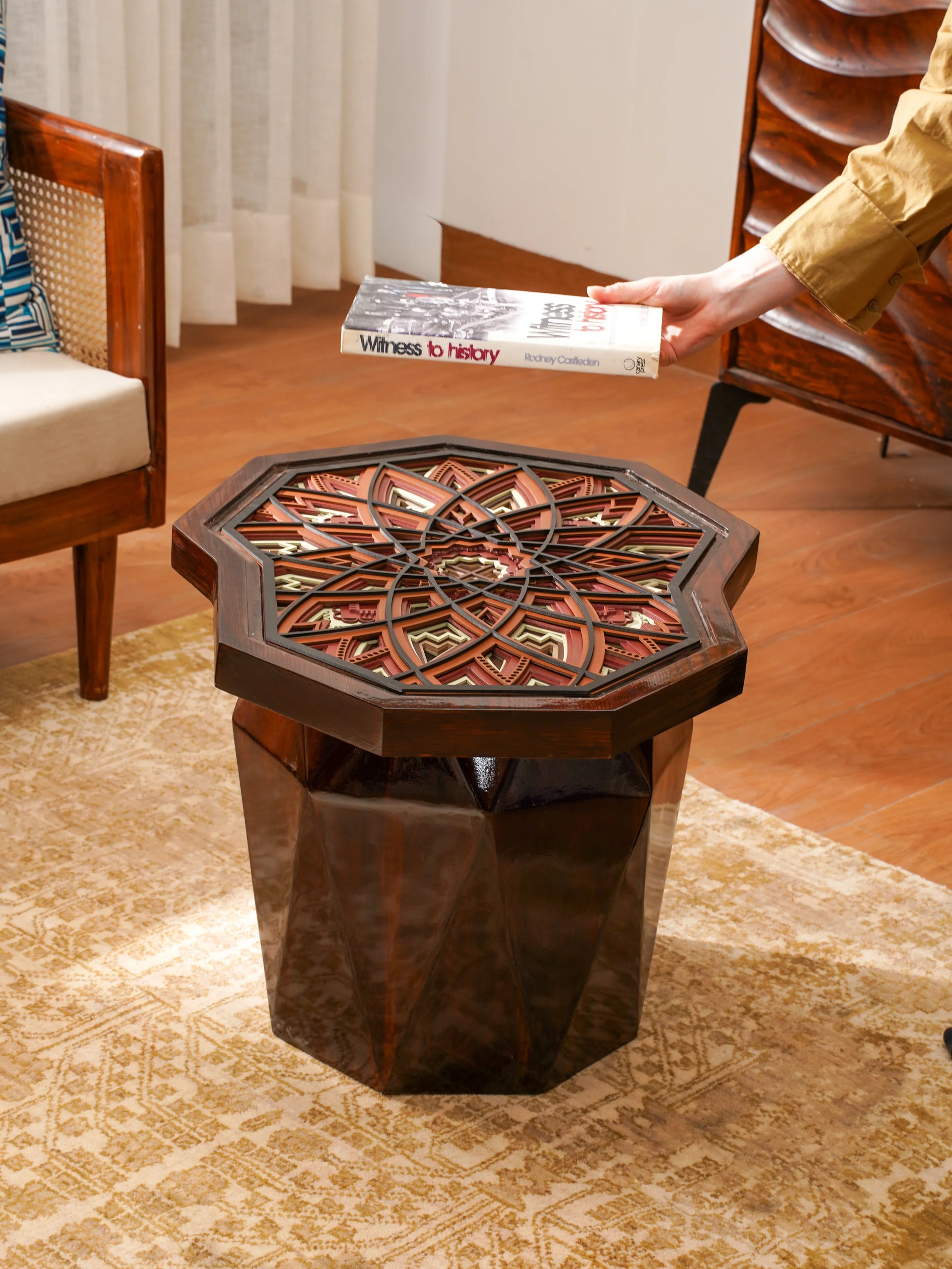 Hexagonal Teakwood Coffee Table The Amber Hive — 3D Geometric Honeycomb Furniture — Modern Warm-Tone Artisan Wood Piece - velvet & grain