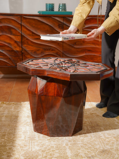 Hexagonal Teakwood Coffee Table The Amber Hive — 3D Geometric Honeycomb Furniture — Modern Warm-Tone Artisan Wood Piece - velvet & grain