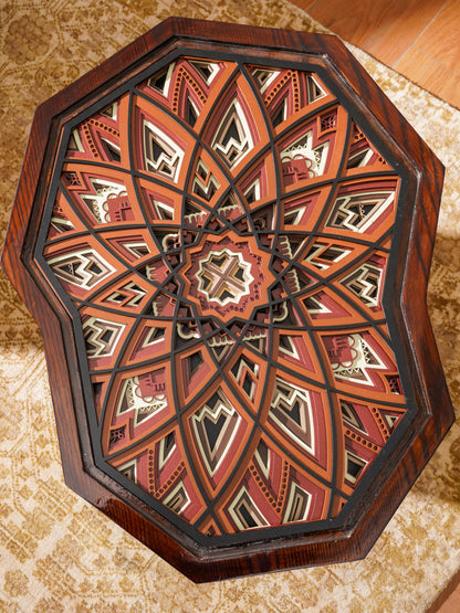 Hexagonal Teakwood Coffee Table The Amber Hive — 3D Geometric Honeycomb Furniture — Modern Warm-Tone Artisan Wood Piece - velvet & grain