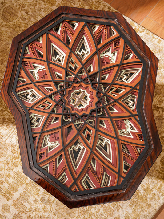 Hexagonal Teakwood Coffee Table The Amber Hive — 3D Geometric Honeycomb Furniture — Modern Warm-Tone Artisan Wood Piece - velvet & grain