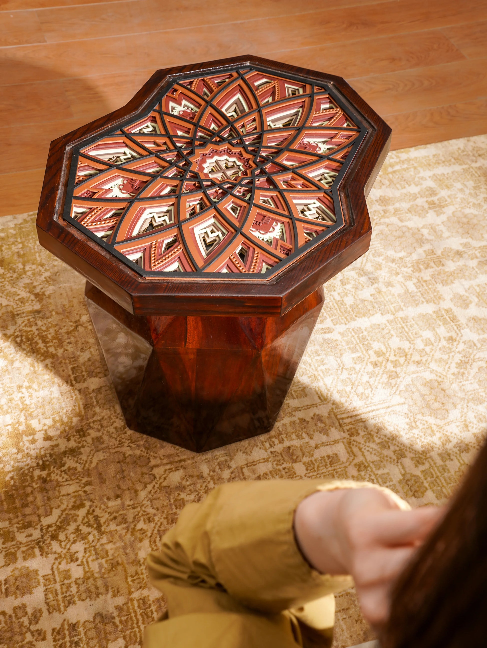 Hexagonal Teakwood Coffee Table The Amber Hive — 3D Geometric Honeycomb Furniture — Modern Warm-Tone Artisan Wood Piece - velvet & grain