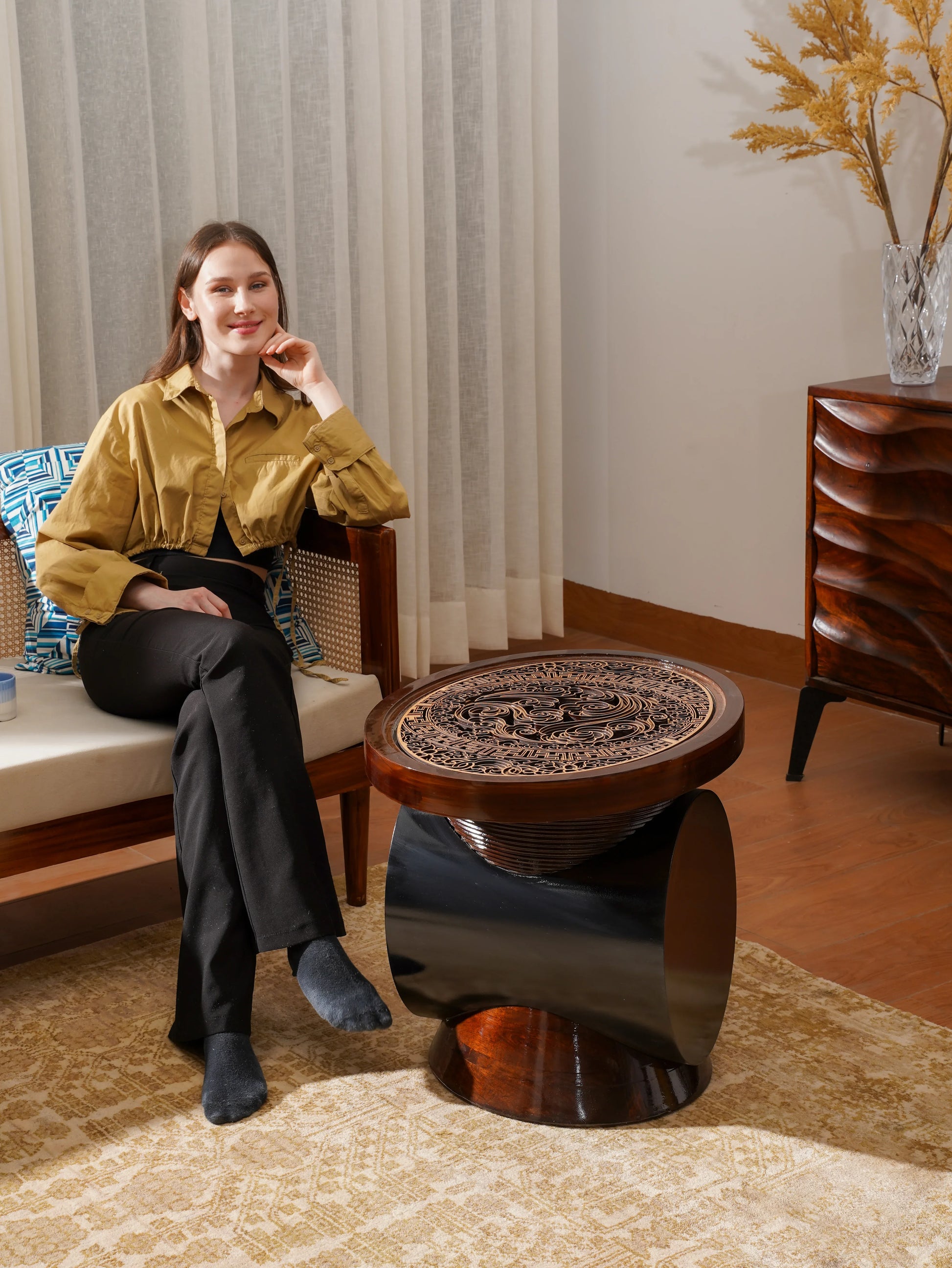 Cylindrical Teakwood Coffee Table Totem Round — 3D Radial Layered Furniture — Modern Symbolic Artisan Wood Centerpiece - velvet & grain