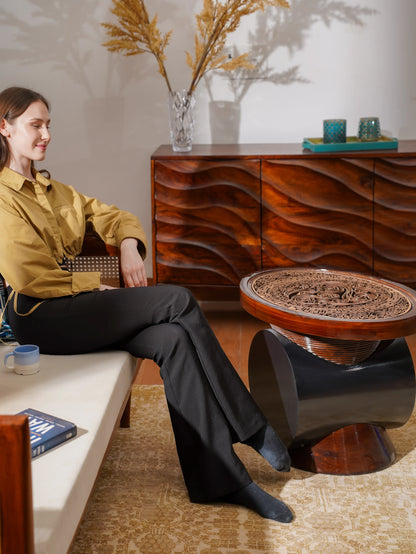 Cylindrical Teakwood Coffee Table Totem Round — 3D Radial Layered Furniture — Modern Symbolic Artisan Wood Centerpiece - velvet & grain