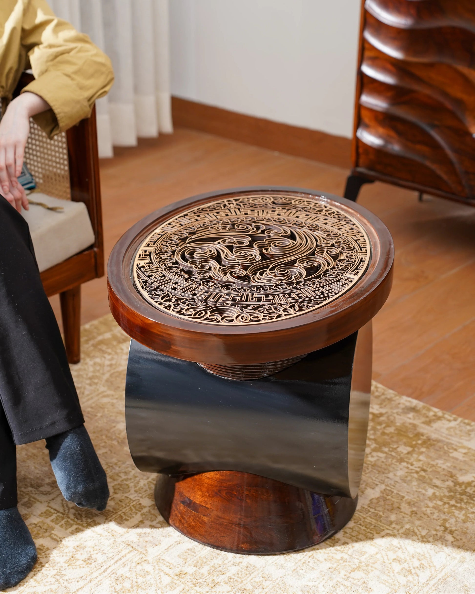 Cylindrical Teakwood Coffee Table Totem Round — 3D Radial Layered Furniture — Modern Symbolic Artisan Wood Centerpiece - velvet & grain