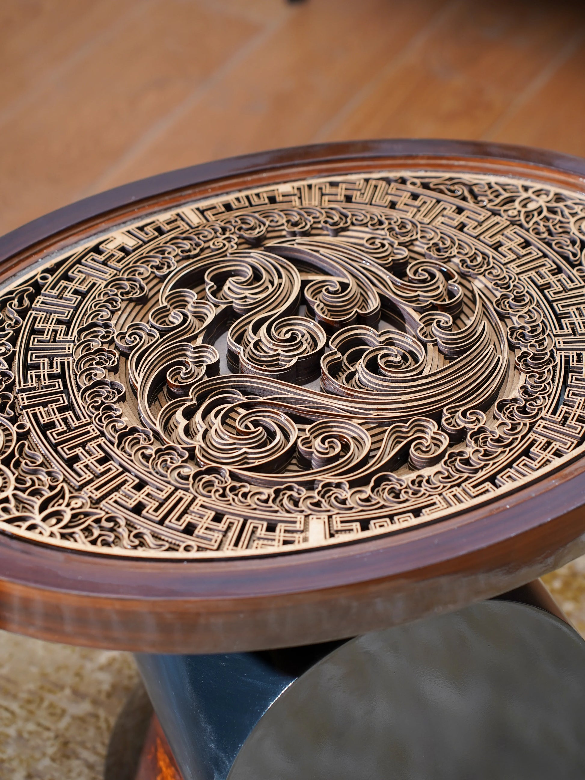 Cylindrical Teakwood Coffee Table Totem Round — 3D Radial Layered Furniture — Modern Symbolic Artisan Wood Centerpiece - velvet & grain