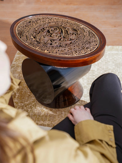 Cylindrical Teakwood Coffee Table Totem Round — 3D Radial Layered Furniture — Modern Symbolic Artisan Wood Centerpiece - velvet & grain