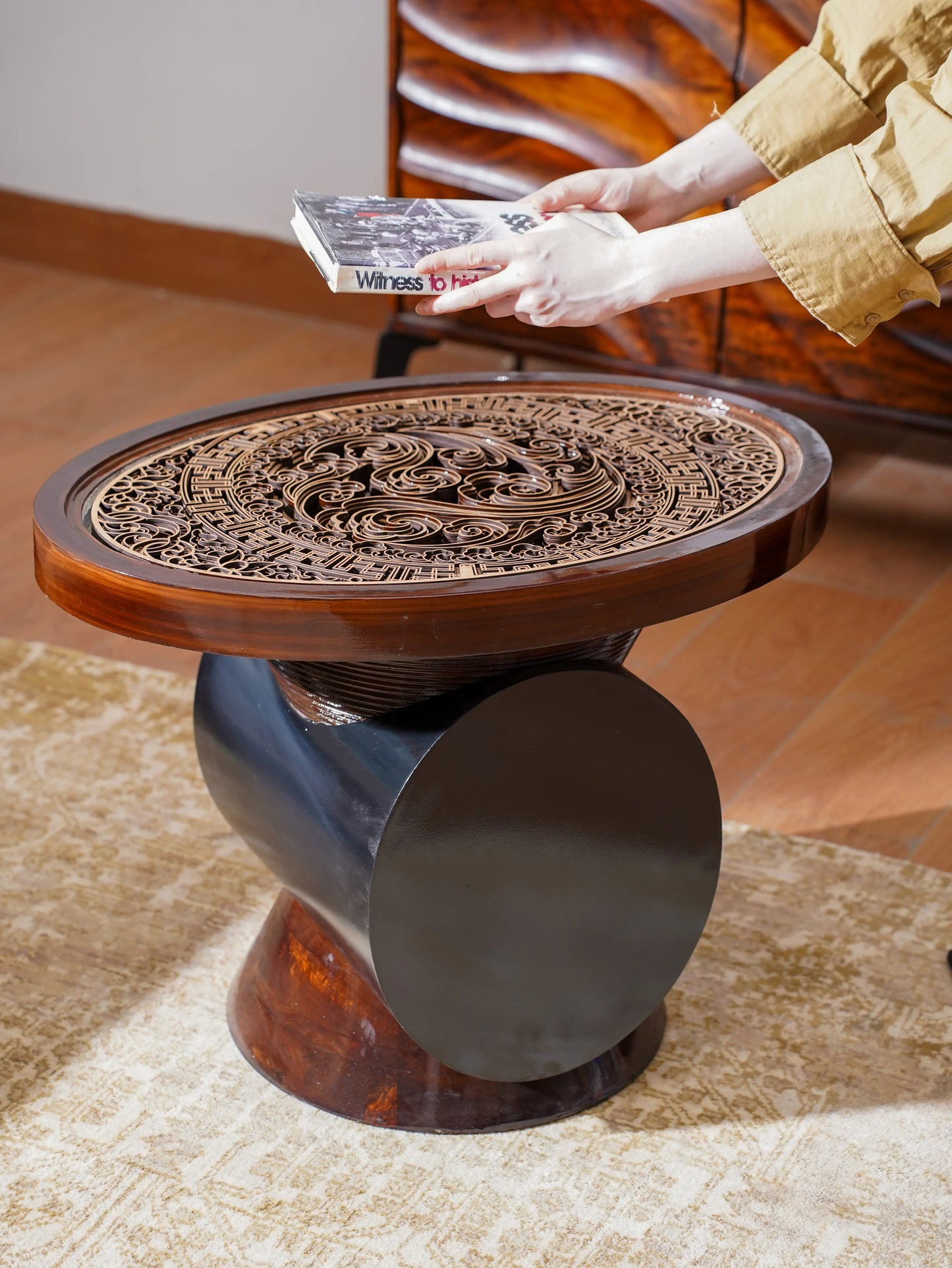 Cylindrical Teakwood Coffee Table Totem Round — 3D Radial Layered Furniture — Modern Symbolic Artisan Wood Centerpiece - velvet & grain