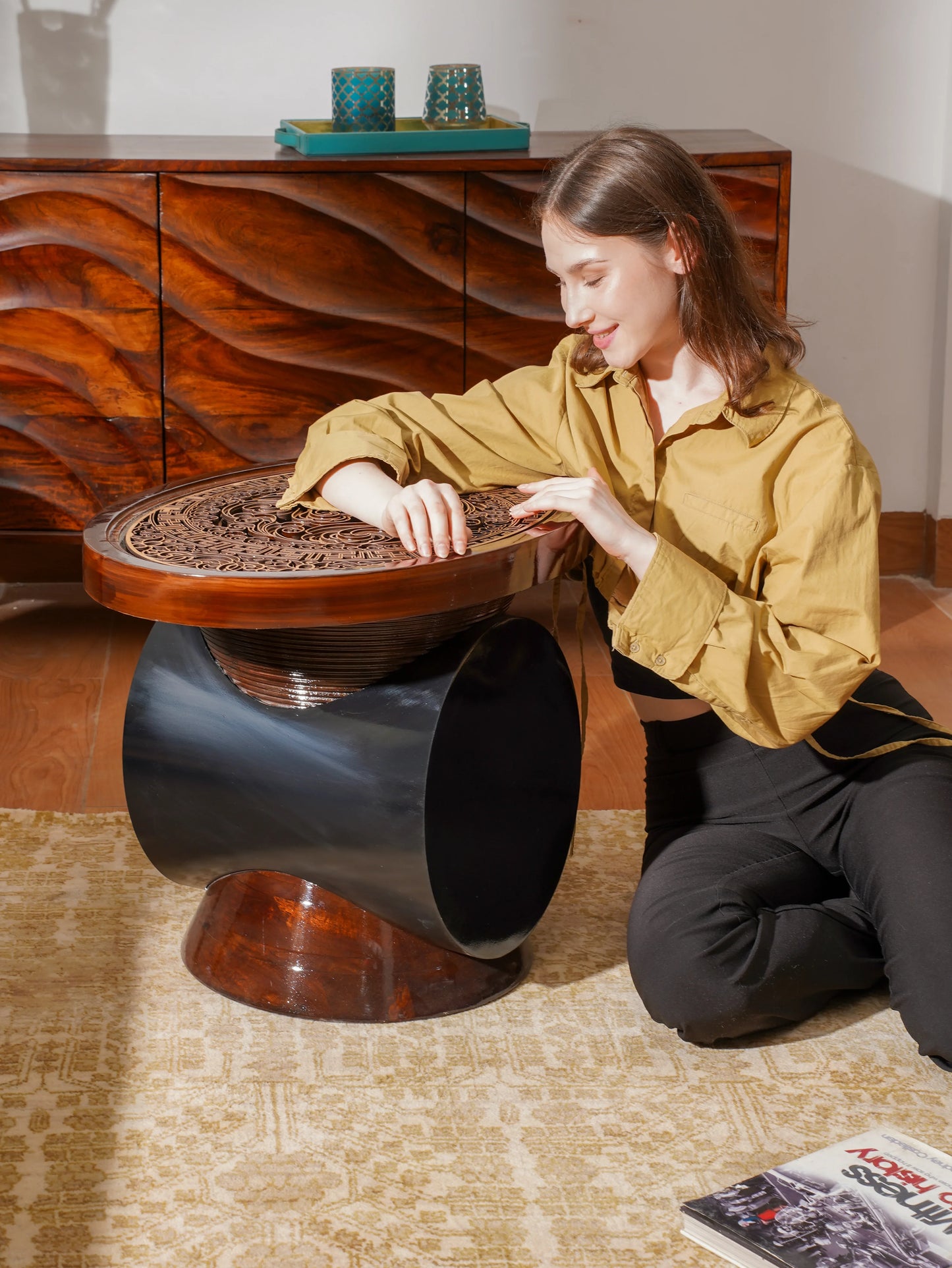 Cylindrical Teakwood Coffee Table Totem Round — 3D Radial Layered Furniture — Modern Symbolic Artisan Wood Centerpiece - velvet & grain