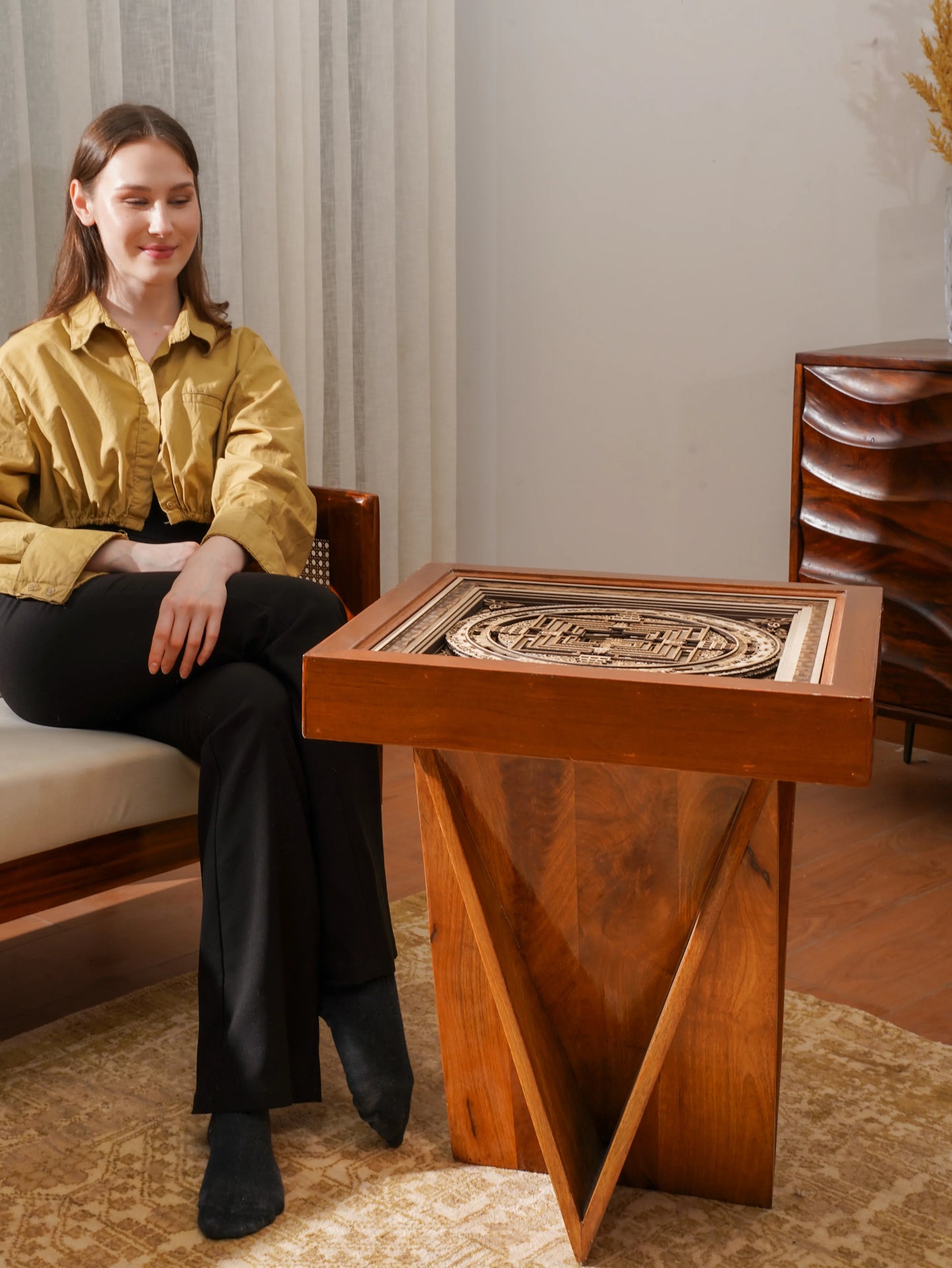 Monolithic Teakwood Coffee Table Oracle Plinth — 3D Structural Pedestal Furniture — Modern Architectural Artisan Statement - velvet & grain