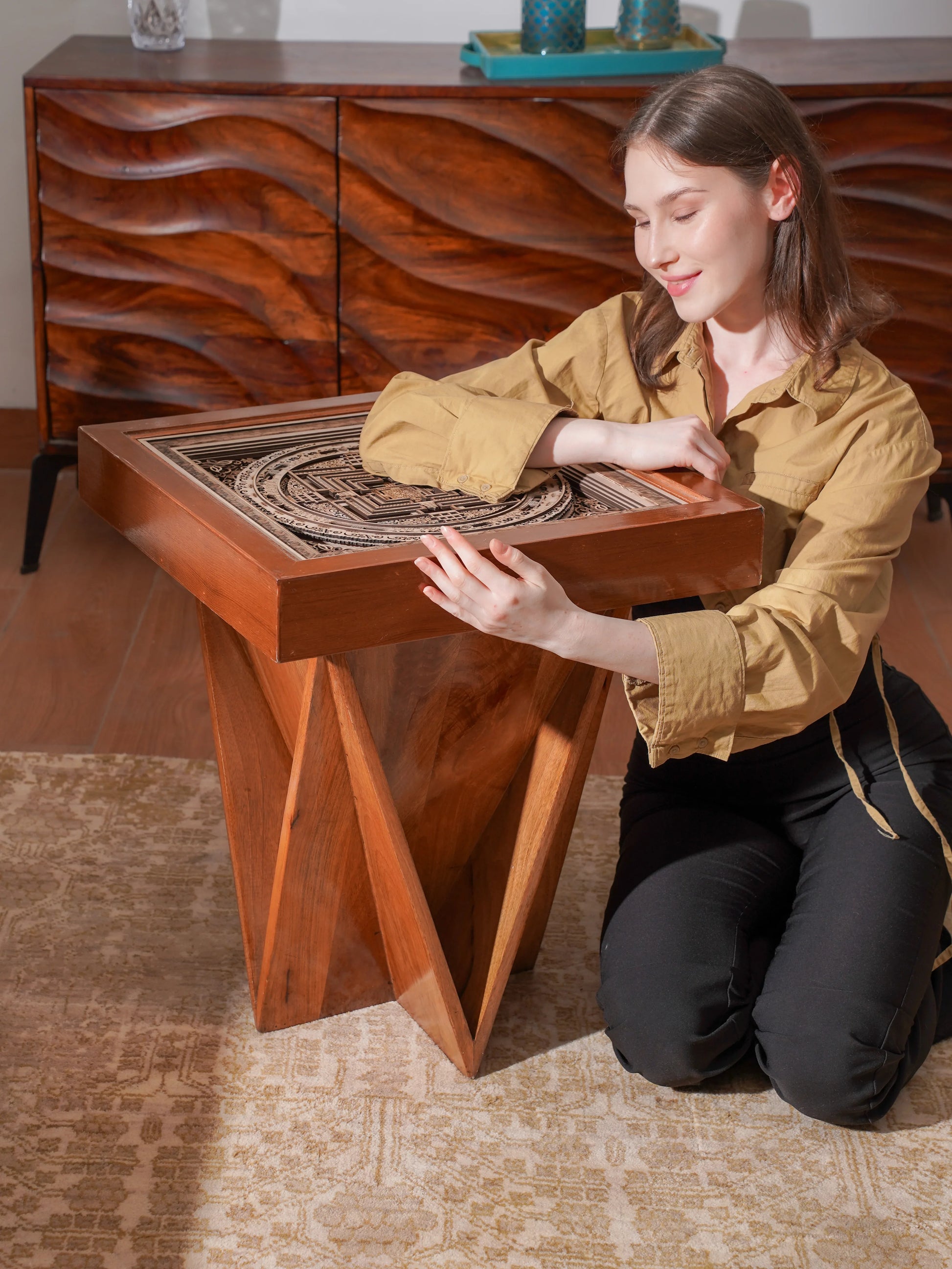 Monolithic Teakwood Coffee Table Oracle Plinth — 3D Structural Pedestal Furniture — Modern Architectural Artisan Statement - velvet & grain