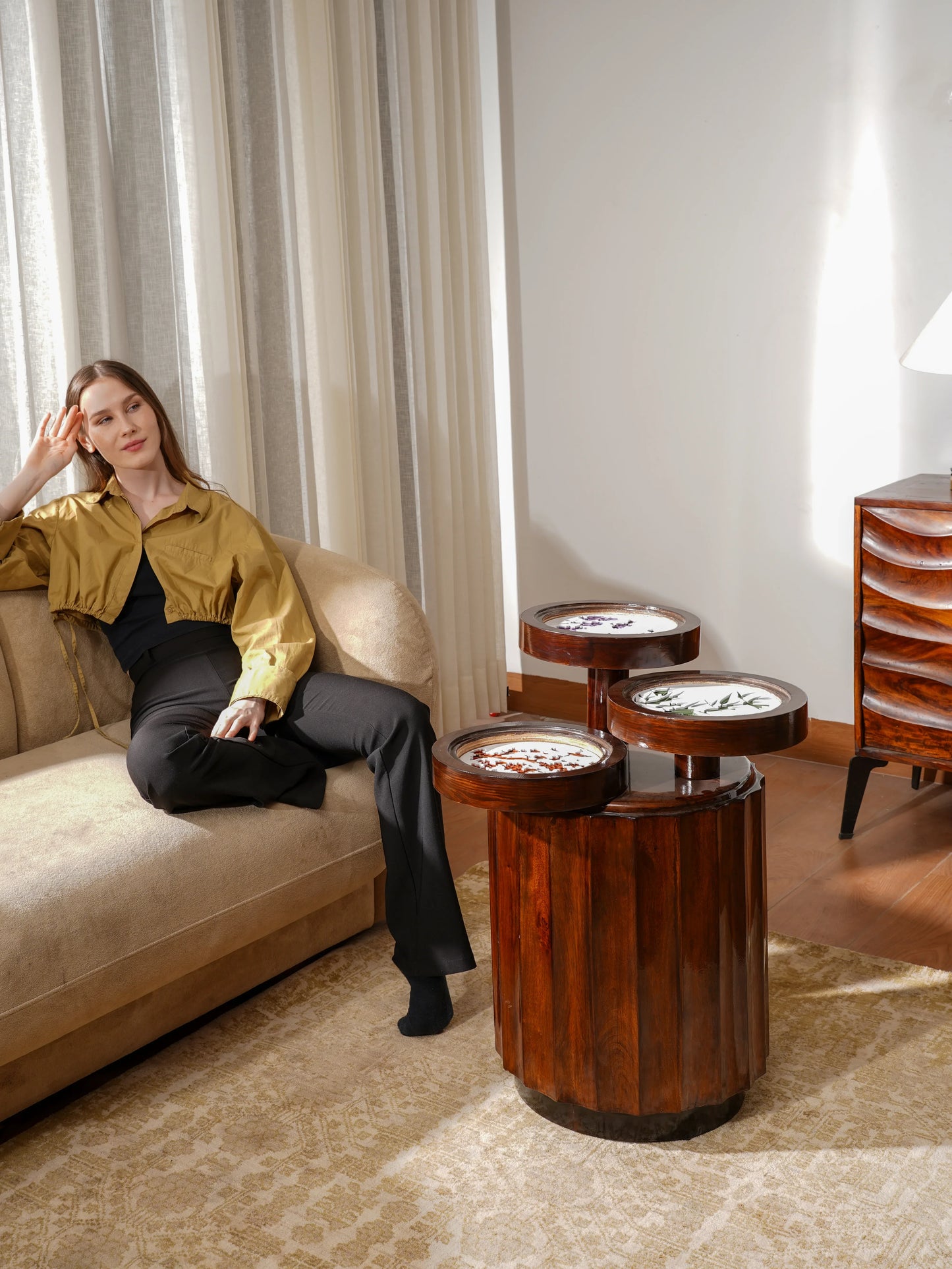 Triple-Layered Teakwood Coffee Table Trilogy Flora — 3D Botanical Triptych Furniture — Modern Artisan Floral Statement Piece - velvet & grain