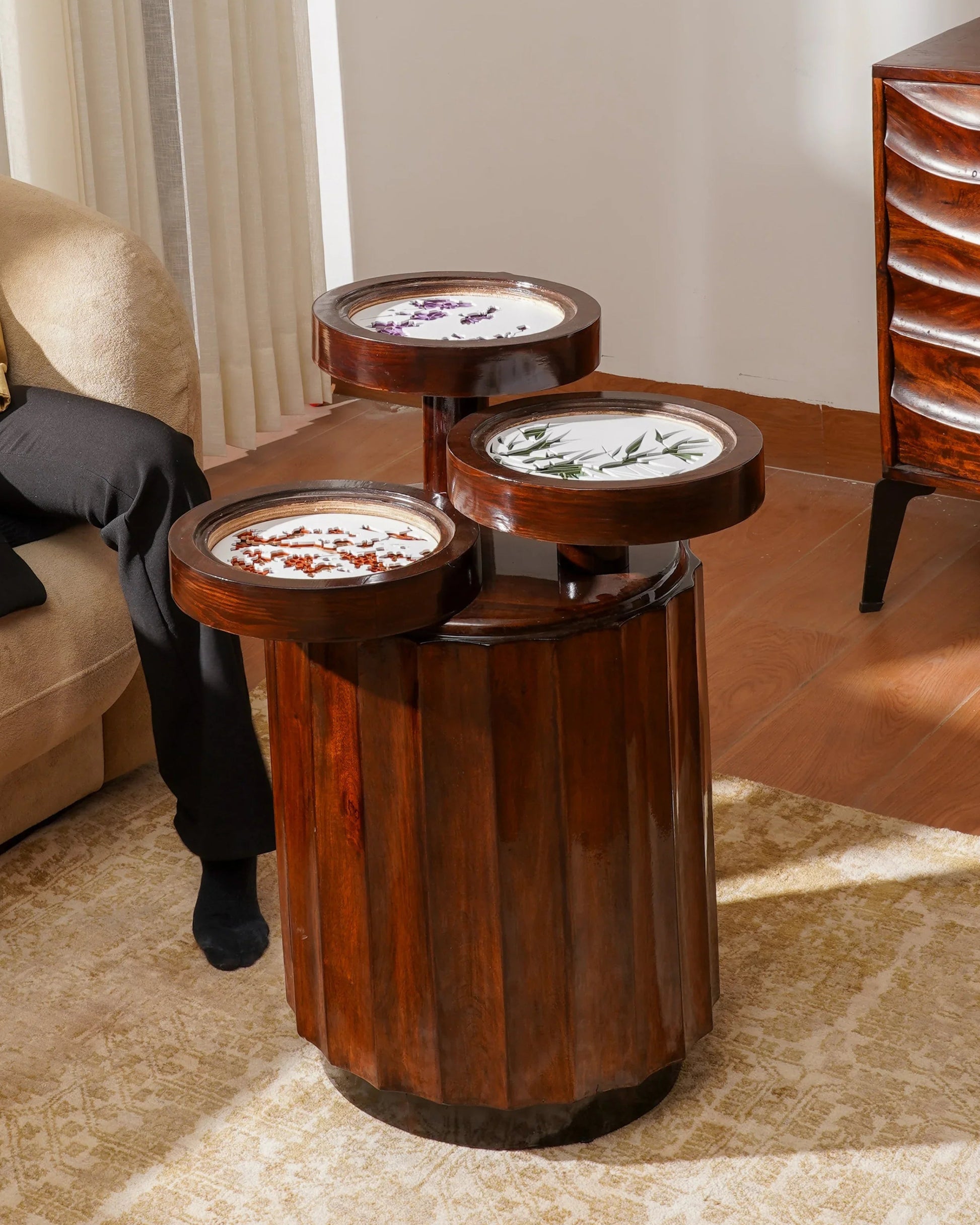 Triple-Layered Teakwood Coffee Table Trilogy Flora — 3D Botanical Triptych Furniture — Modern Artisan Floral Statement Piece - velvet & grain