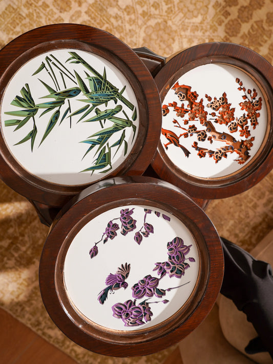 Triple-Layered Teakwood Coffee Table Trilogy Flora — 3D Botanical Triptych Furniture — Modern Artisan Floral Statement Piece - velvet & grain