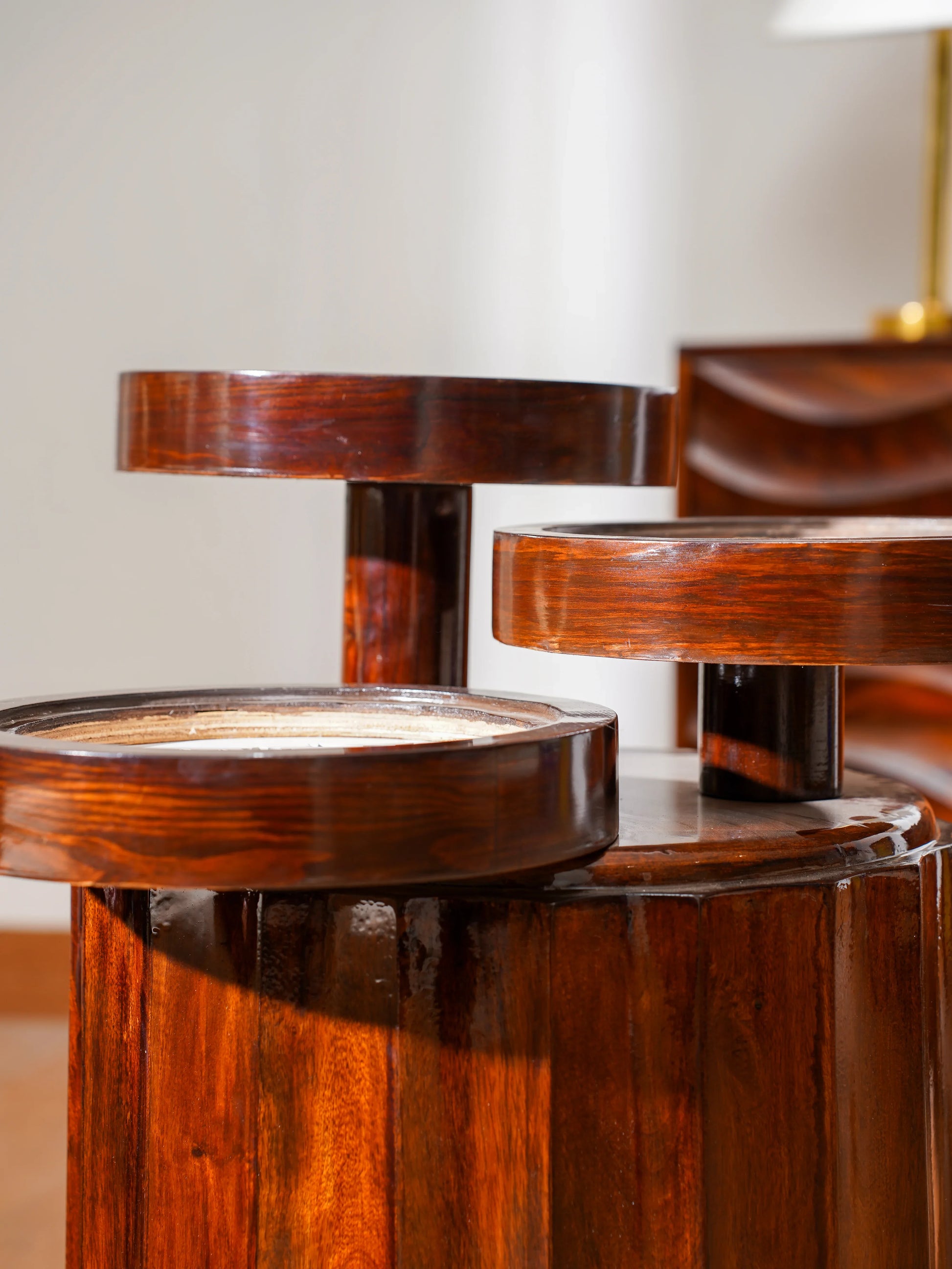 Triple-Layered Teakwood Coffee Table Trilogy Flora — 3D Botanical Triptych Furniture — Modern Artisan Floral Statement Piece - velvet & grain