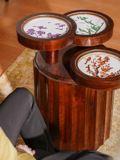 Triple-Layered Teakwood Coffee Table Trilogy Flora — 3D Botanical Triptych Furniture — Modern Artisan Floral Statement Piece - velvet & grain