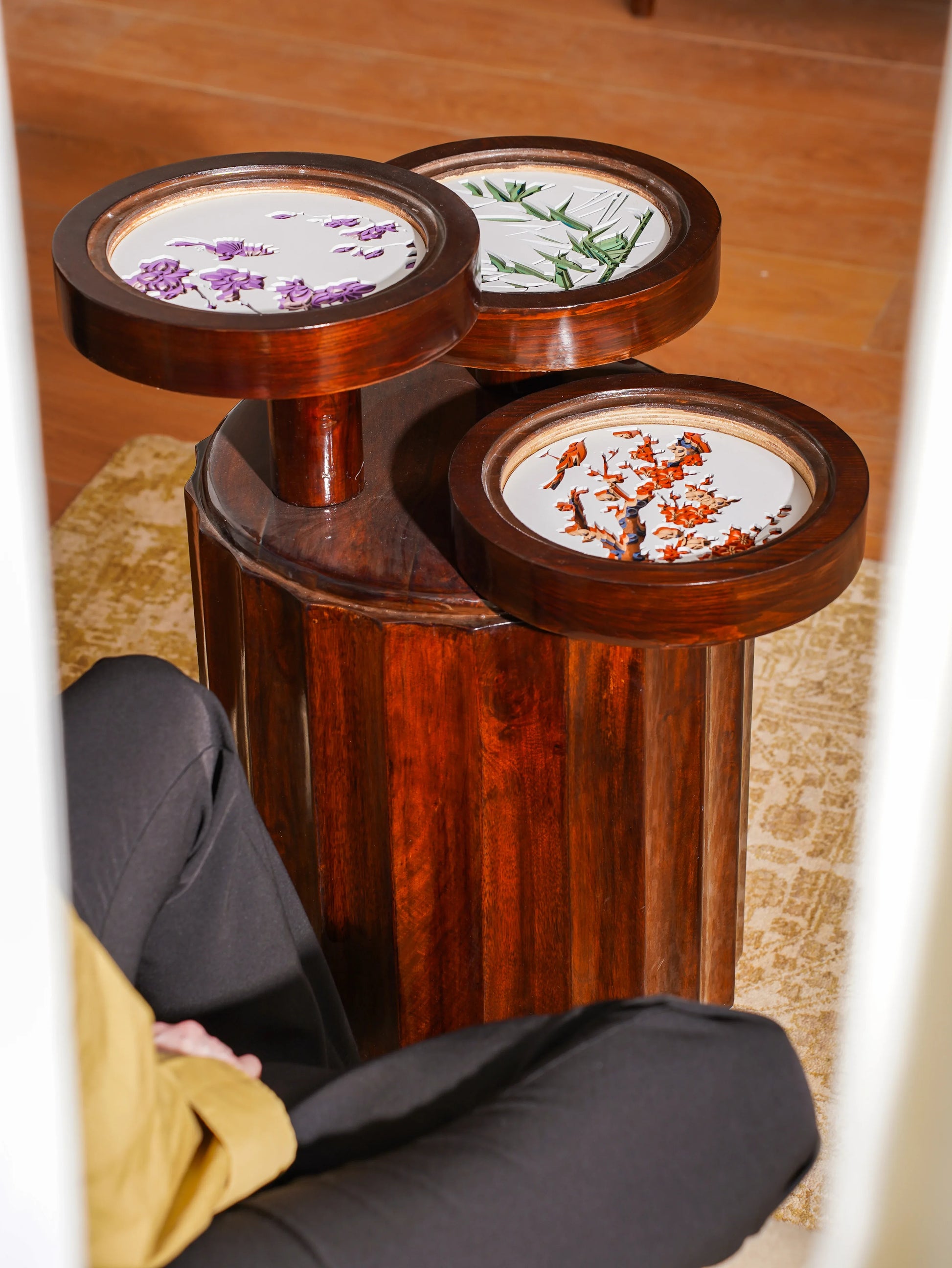 Triple-Layered Teakwood Coffee Table Trilogy Flora — 3D Botanical Triptych Furniture — Modern Artisan Floral Statement Piece - velvet & grain