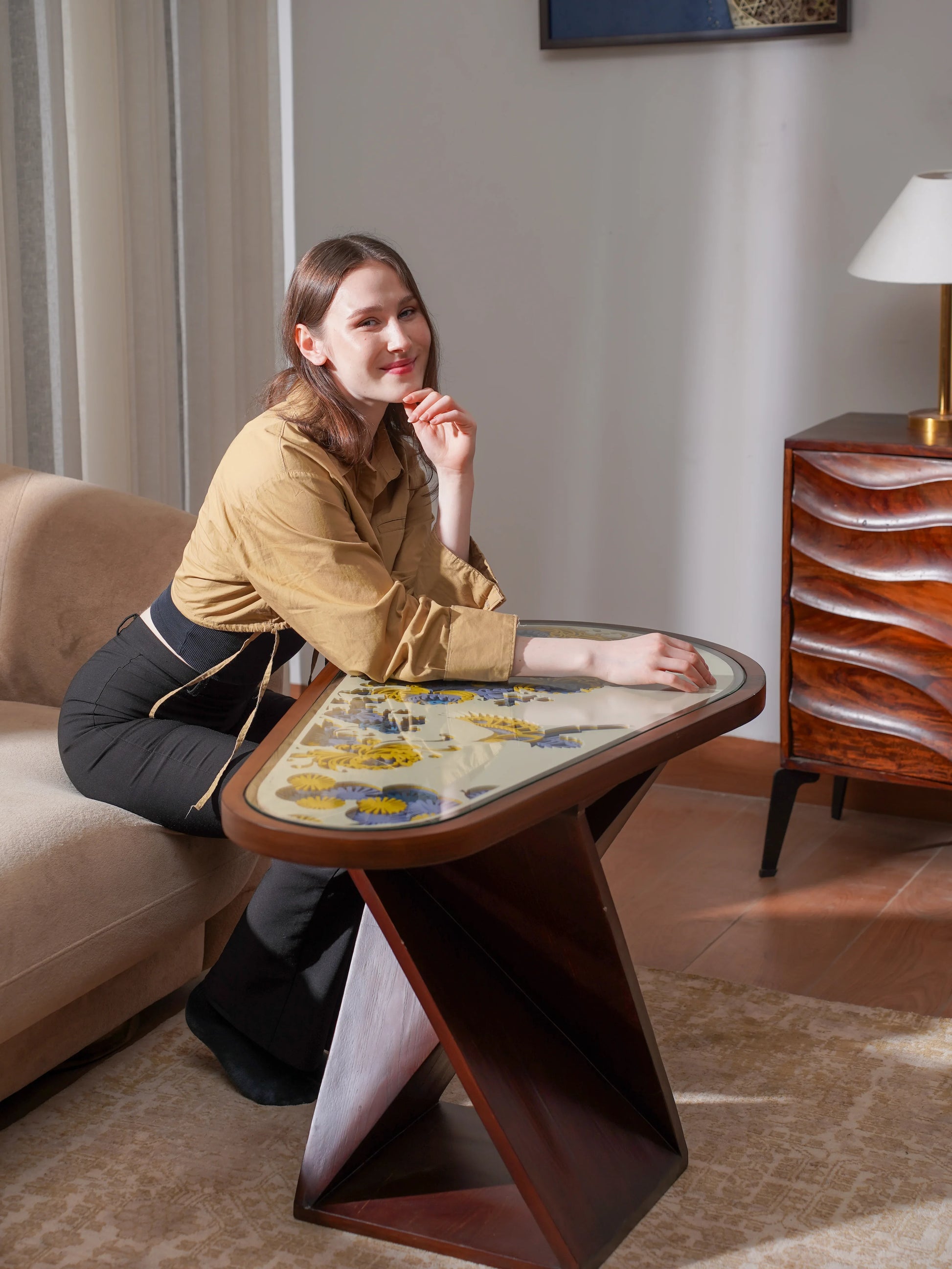 Avant-Garde Teakwood Coffee Table Z Tear-drop — 3D Fluid Organic Furniture — Mid-Century Modern Sculptural Accent Piece - velvet & grain