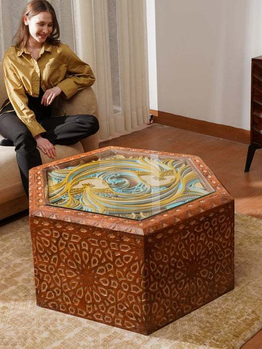 Architectural Teakwood Coffee Table Alhambra Hex — 3D Geometric Mosaic Furniture — Modern Laser Cut Fretwork Statement Piece - velvet & grain