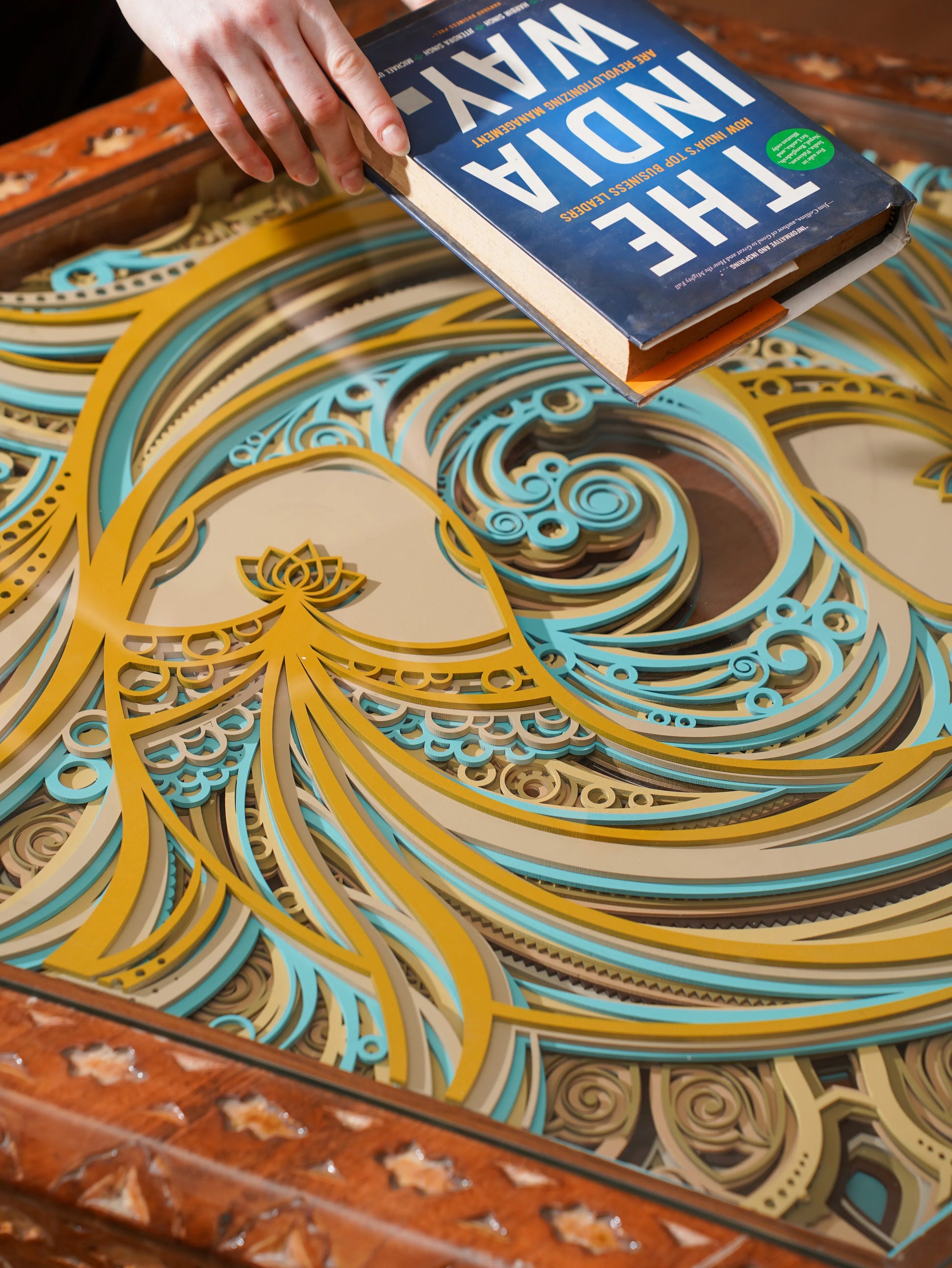 Architectural Teakwood Coffee Table Alhambra Hex — 3D Geometric Mosaic Furniture — Modern Laser Cut Fretwork Statement Piece - velvet & grain