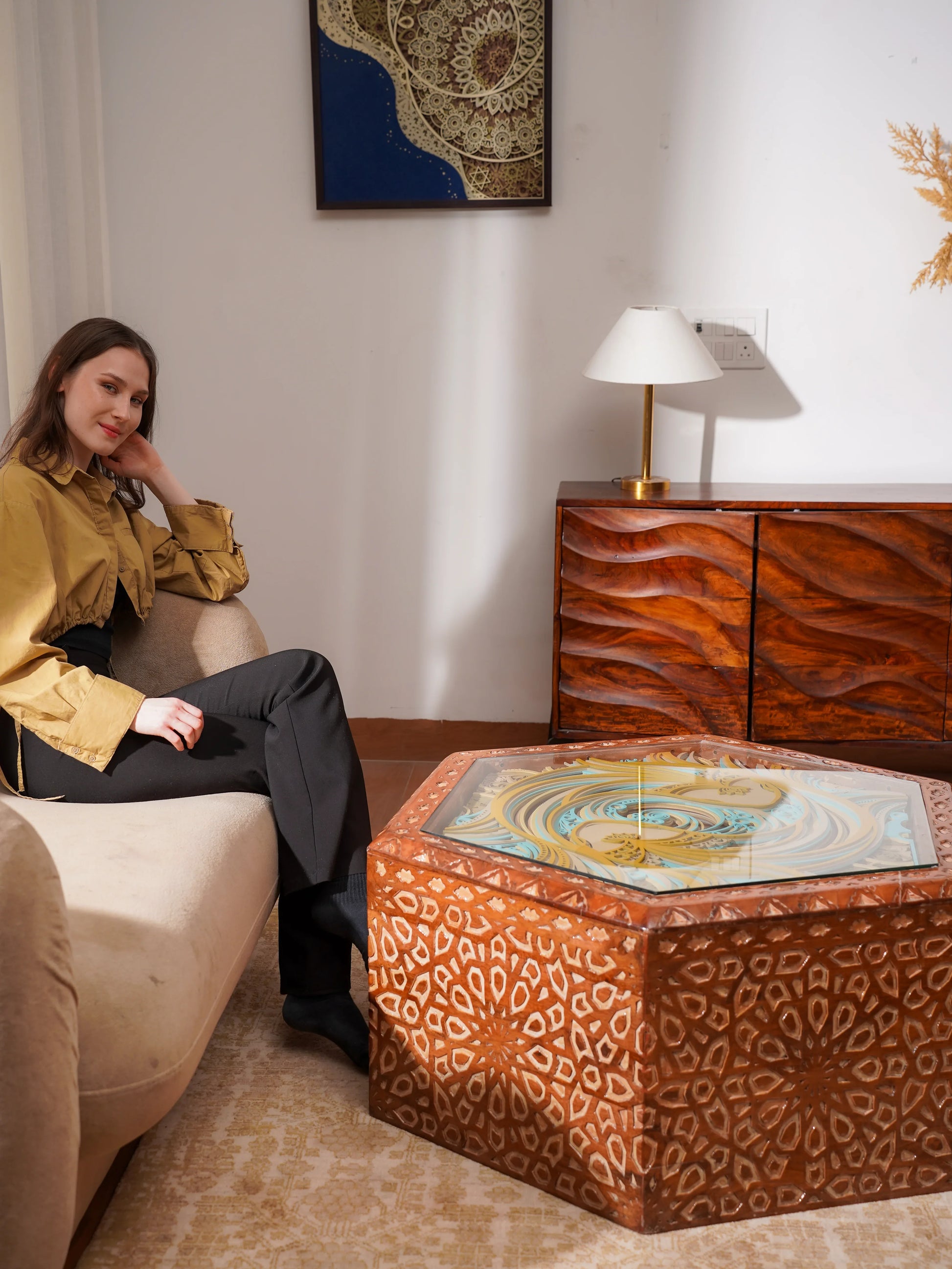 Architectural Teakwood Coffee Table Alhambra Hex — 3D Geometric Mosaic Furniture — Modern Laser Cut Fretwork Statement Piece - velvet & grain