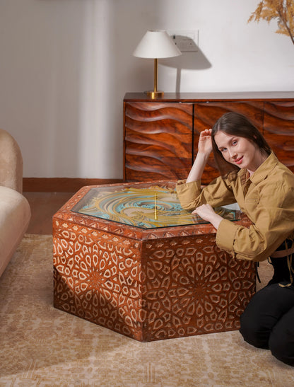 Architectural Teakwood Coffee Table Alhambra Hex — 3D Geometric Mosaic Furniture — Modern Laser Cut Fretwork Statement Piece - velvet & grain