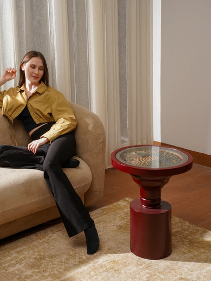 Artisan Crimson Teakwood Coffee Table — 3D Sculptural Crest Layered Furniture — Bold Modernist Designer Statement Piece - velvet & grain