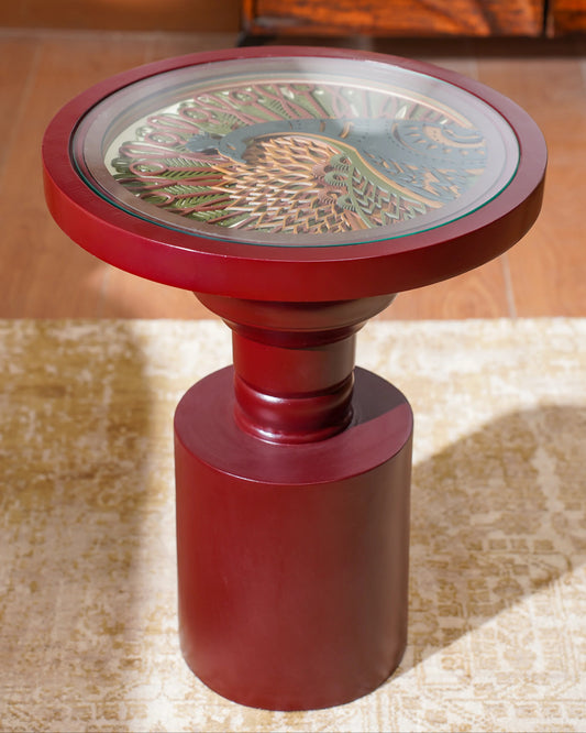 Artisan Crimson Teakwood Coffee Table — 3D Sculptural Crest Layered Furniture — Bold Modernist Designer Statement Piece - velvet & grain