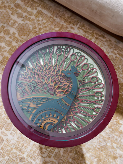 Artisan Crimson Teakwood Coffee Table — 3D Sculptural Crest Layered Furniture — Bold Modernist Designer Statement Piece - velvet & grain