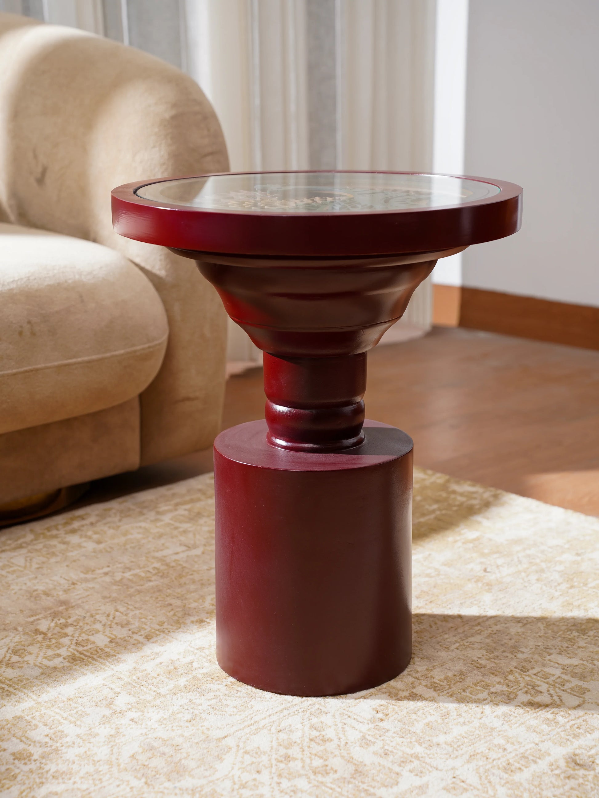 Artisan Crimson Teakwood Coffee Table — 3D Sculptural Crest Layered Furniture — Bold Modernist Designer Statement Piece - velvet & grain