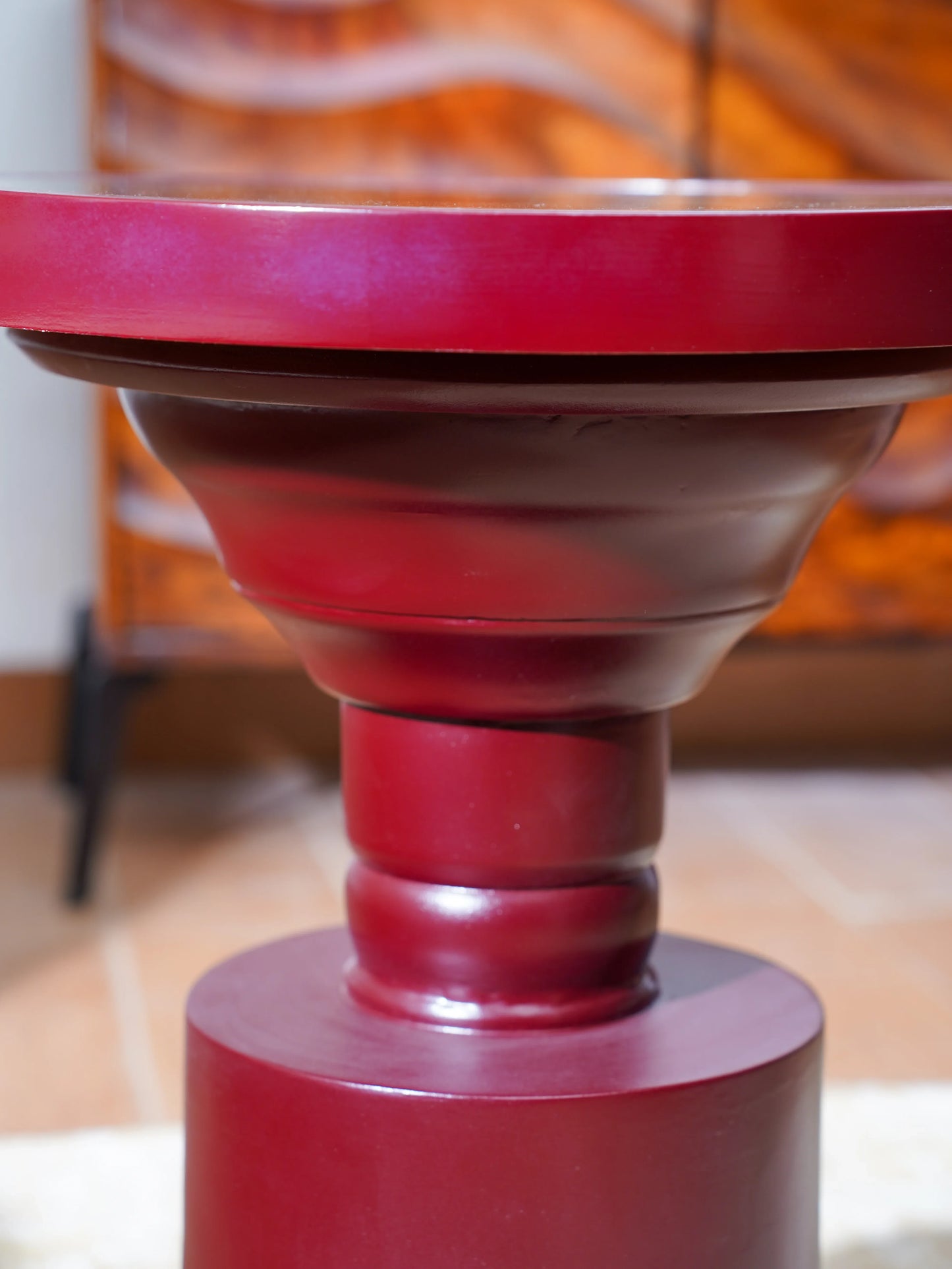 Artisan Crimson Teakwood Coffee Table — 3D Sculptural Crest Layered Furniture — Bold Modernist Designer Statement Piece - velvet & grain