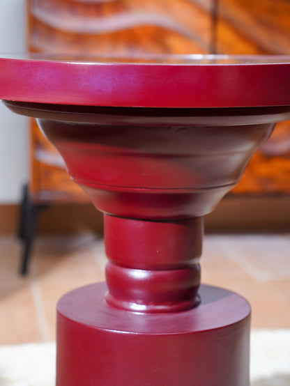 Artisan Crimson Teakwood Coffee Table — 3D Sculptural Crest Layered Furniture — Bold Modernist Designer Statement Piece - velvet & grain