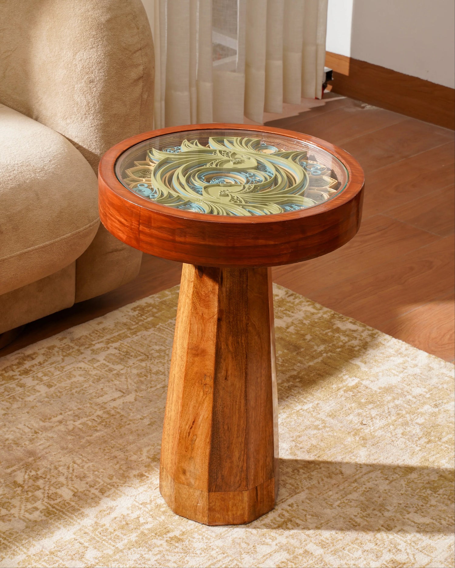 Imperial Teakwood Coffee Table Ryūjin’s Gate — 3D Mythological Layered Furniture — Modern Zen-Industrial Artisan Woodwork - velvet & grain