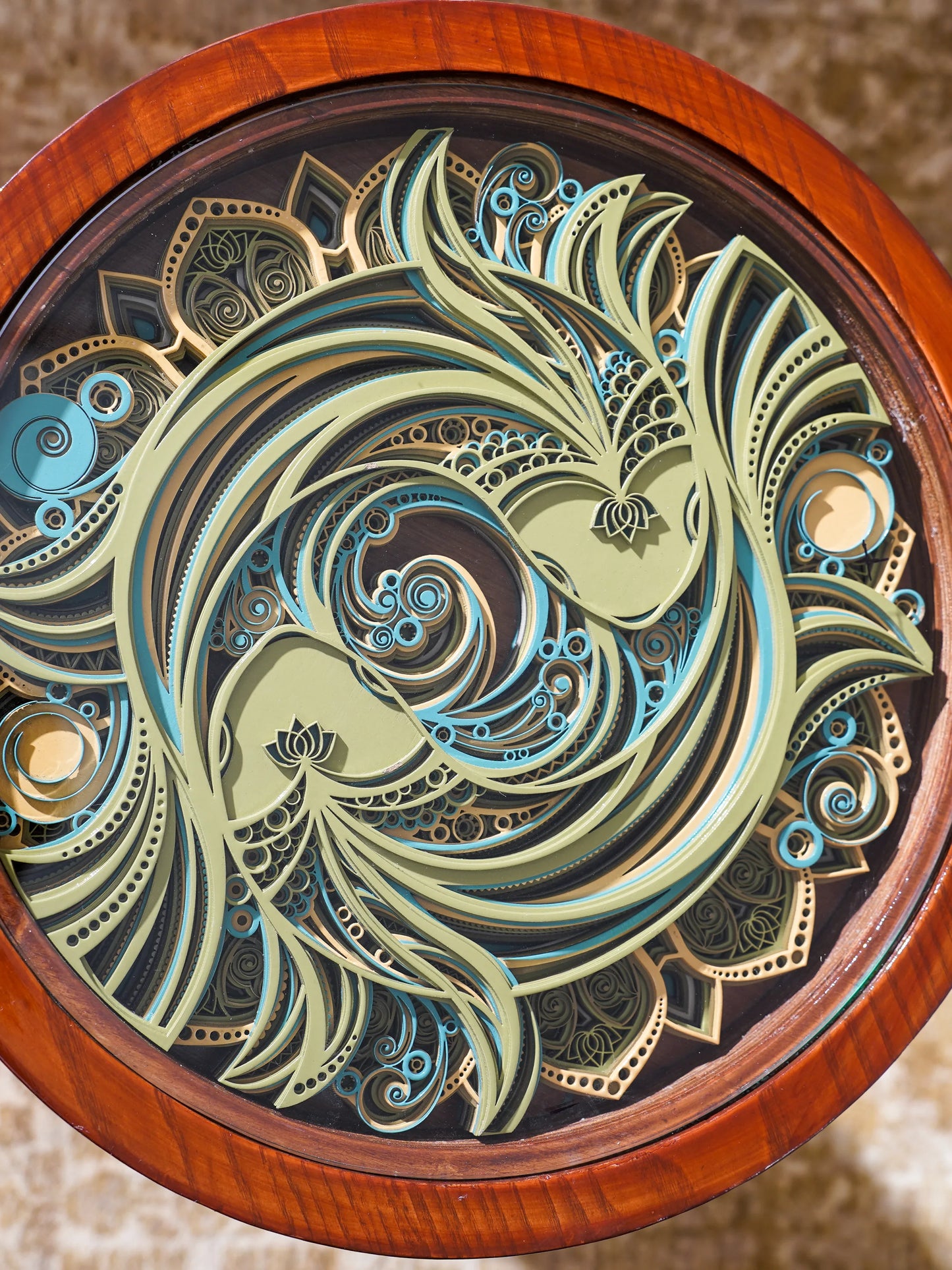 Imperial Teakwood Coffee Table Ryūjin’s Gate — 3D Mythological Layered Furniture — Modern Zen-Industrial Artisan Woodwork - velvet & grain