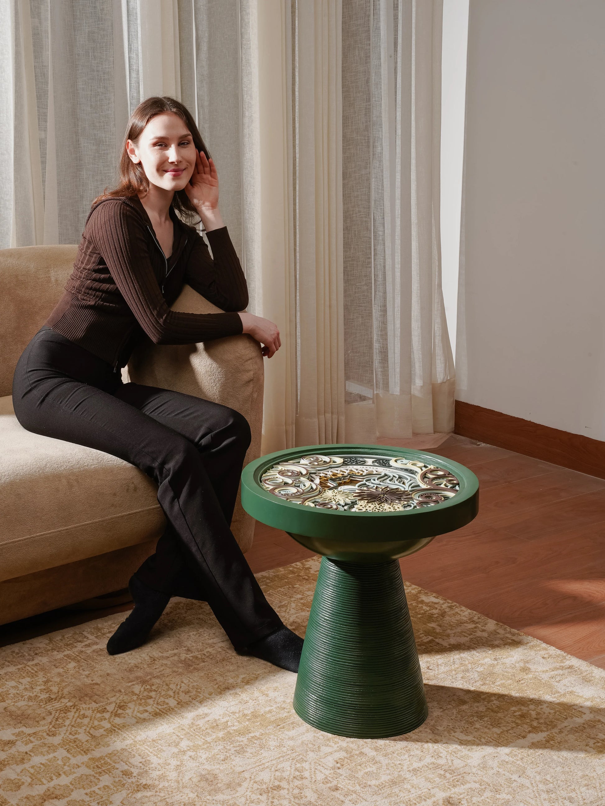 Biophilic Teakwood Coffee Table Fern Halo — 3D Radial Leaf Layered Furniture — Scandi-Modern Hand-Finished Organic Statement - velvet & grain