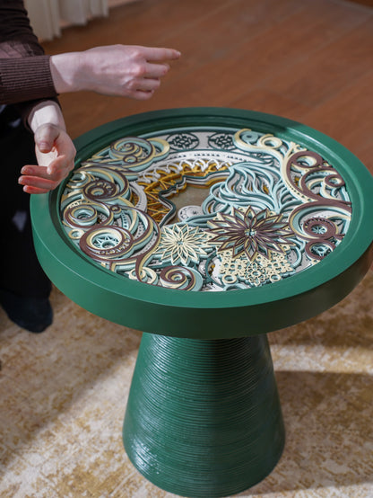 Biophilic Teakwood Coffee Table Fern Halo — 3D Radial Leaf Layered Furniture — Scandi-Modern Hand-Finished Organic Statement - velvet & grain