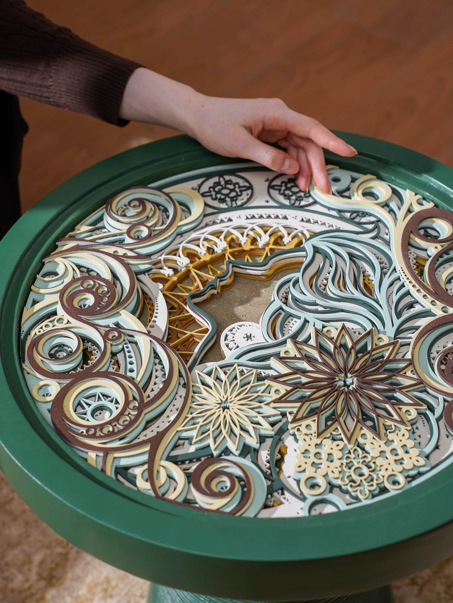 Biophilic Teakwood Coffee Table Fern Halo — 3D Radial Leaf Layered Furniture — Scandi-Modern Hand-Finished Organic Statement - velvet & grain
